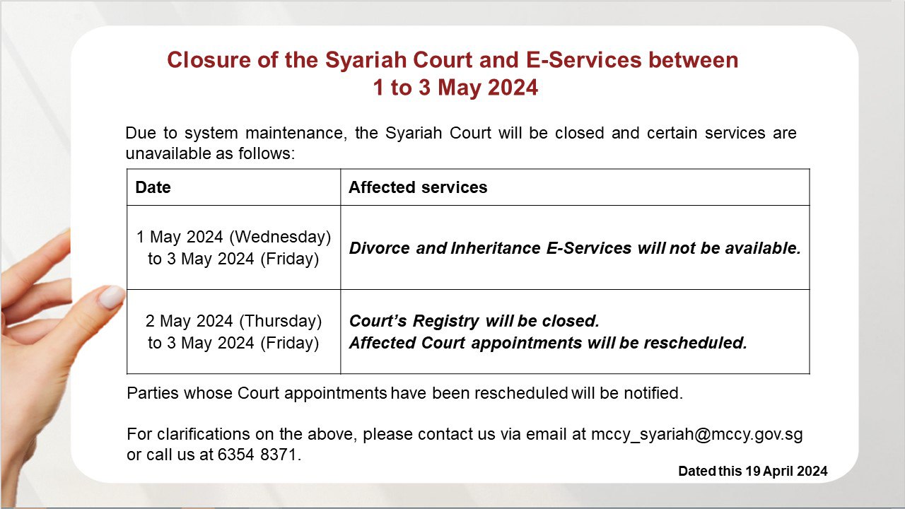 Closure of the Syariah Court and E-Services between 1 to 3 May 2024