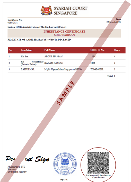 Inheritance Certificate Sample